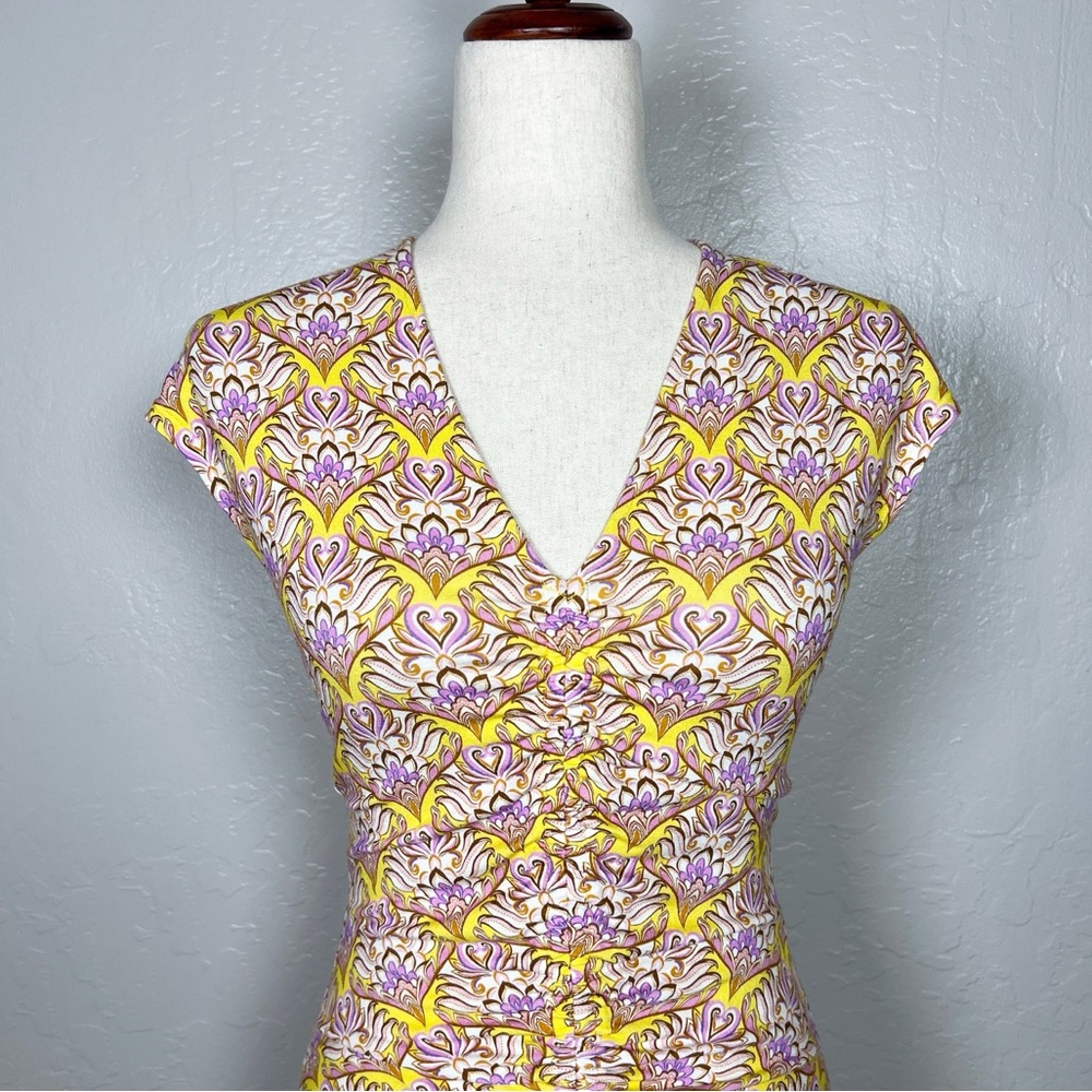 HALE‎ BOB Women Size S Yellow Floral Cap Sleeve V-Neck Gathered Waist Midi Dress - Picture 3 of 9